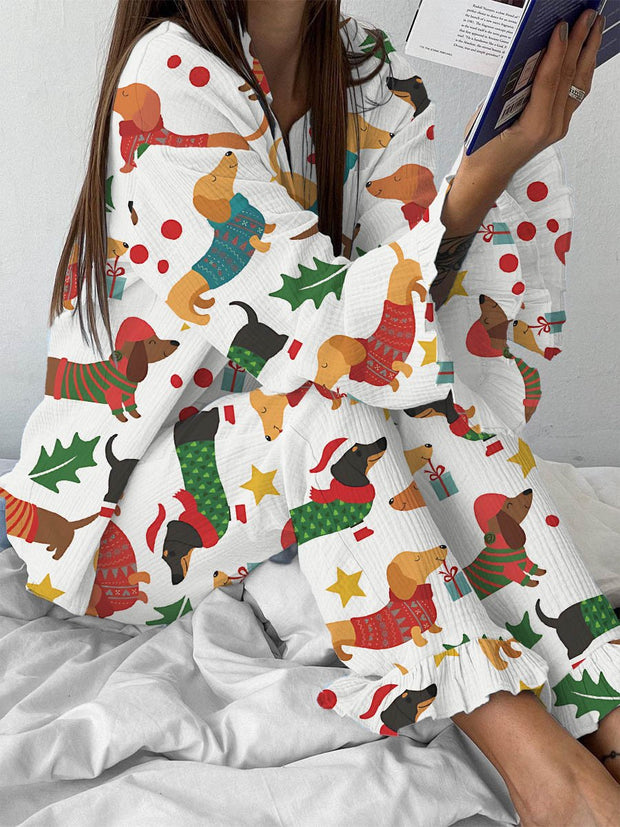 Women's Christmas Dachshund Print Ruffled Loungewear Set