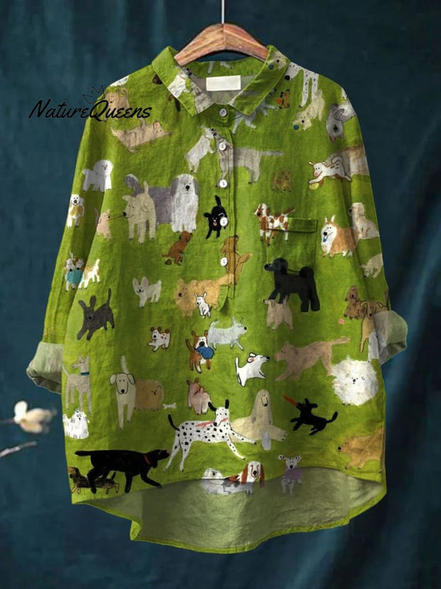 Women's Cute Dog Art Print Casual Cotton And Linen Shirt