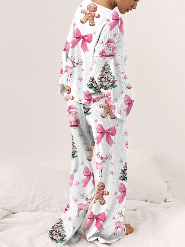 Women's Pink Christmas Print Long Sleeve Lounge Set