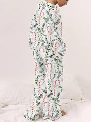 Women's Christmas Candy Cane Plant Floral Print Long Sleeve Loose Homewear Set