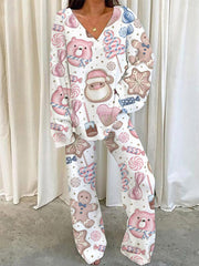 Women's Christmas Santa Claus Pattern V-Neck Long Sleeve Pants Suit
