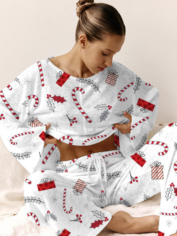 Women's Christmas Candy Cane Pattern Long Sleeve Pant Suit