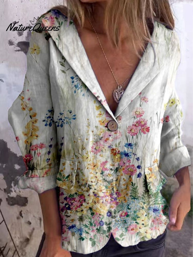 Women's Vintage Art Floral Cotton Linen Jacket Blazer