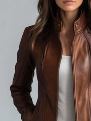 Women's Stand Collar Vintage Faux Leather Jacket