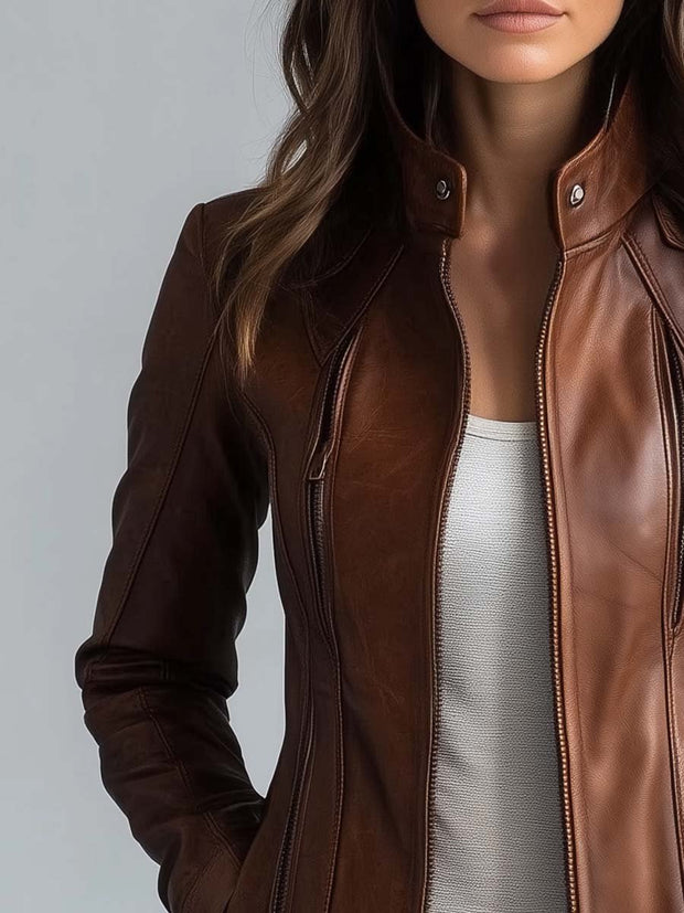 Women's Stand Collar Vintage Faux Leather Jacket