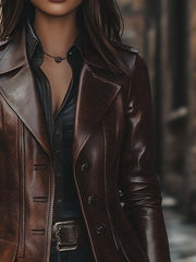 Women's Vintage Lapel Button Leather Long Jacket