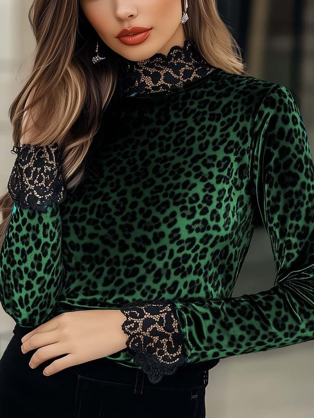 (clearance)Women's Lace Panel Leopard Printed Velvet T-Shirt