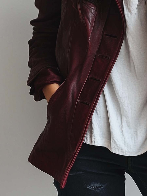 Women's Vintage Burgundy Faux Leather Jacket
