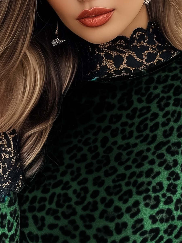 (clearance)Women's Lace Panel Leopard Printed Velvet T-Shirt
