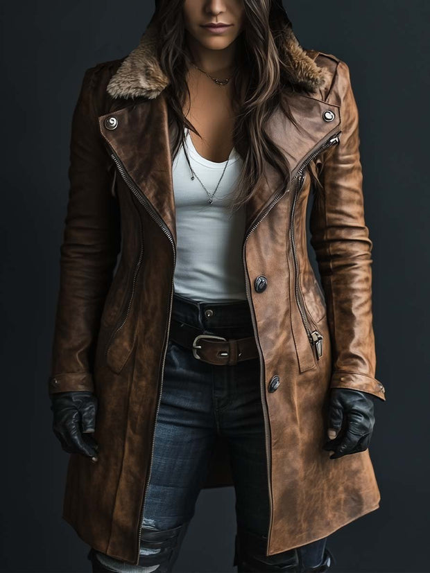 Women's Vintage Fur Collar Zipper Faux Leather Coat
