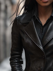 Vintage Lapel Button Faux Leather Jacket