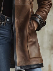 Women's Vintage Contrast Collar Faux Leather Jacket