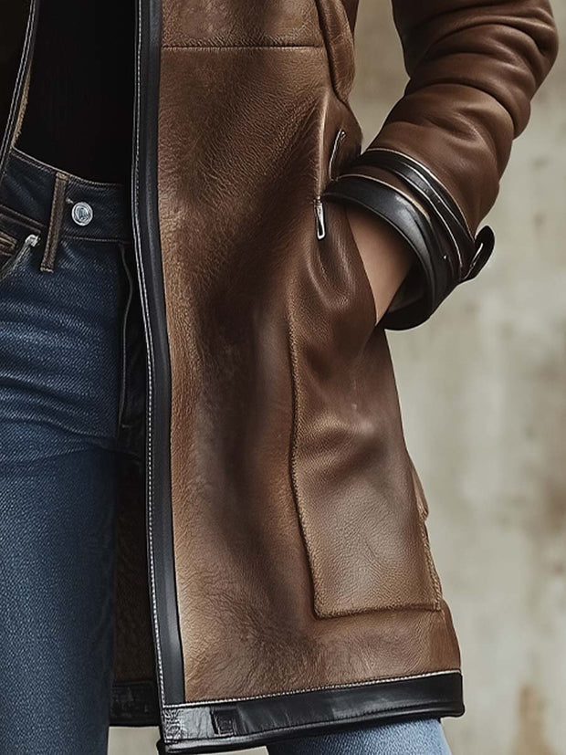 Women's Vintage Contrast Collar Faux Leather Jacket