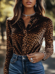 (clearance)Stylish Single-breasted Leopard Pattern Velvet Shirt