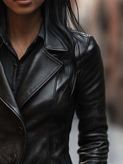 Vintage Lapel Button Faux Leather Jacket