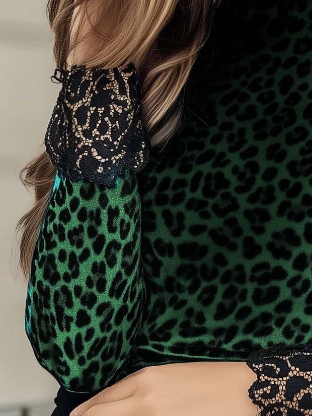 (clearance)Women's Lace Panel Leopard Printed Velvet T-Shirt