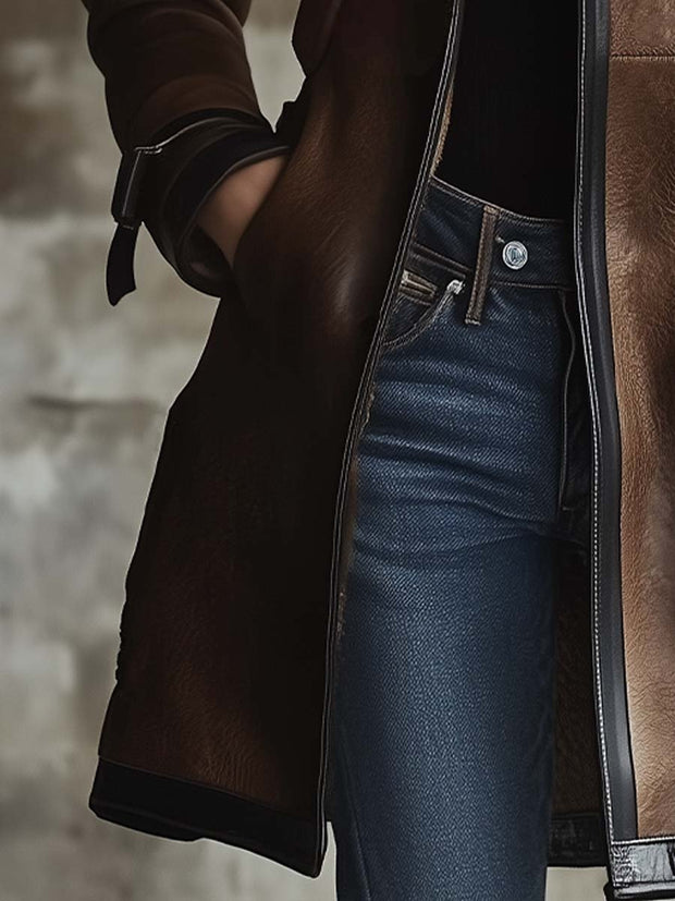 Women's Vintage Contrast Collar Faux Leather Jacket