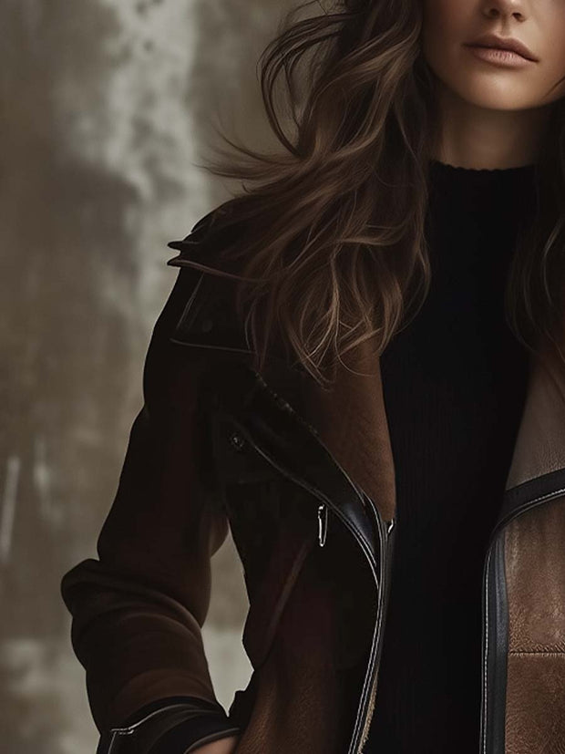 Women's Vintage Contrast Collar Faux Leather Jacket