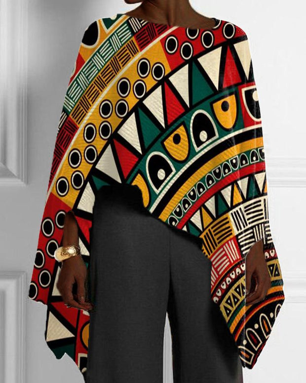 Black Ethnic Style Women's Printed Irregular Cape Top