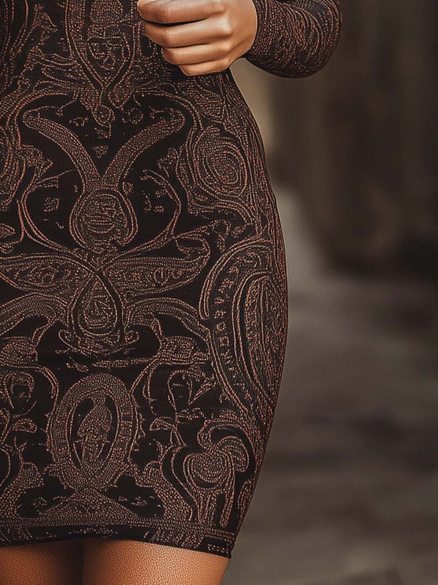 Women's Vintage High Collar Long Sleeve Paisley Bodycon Dress