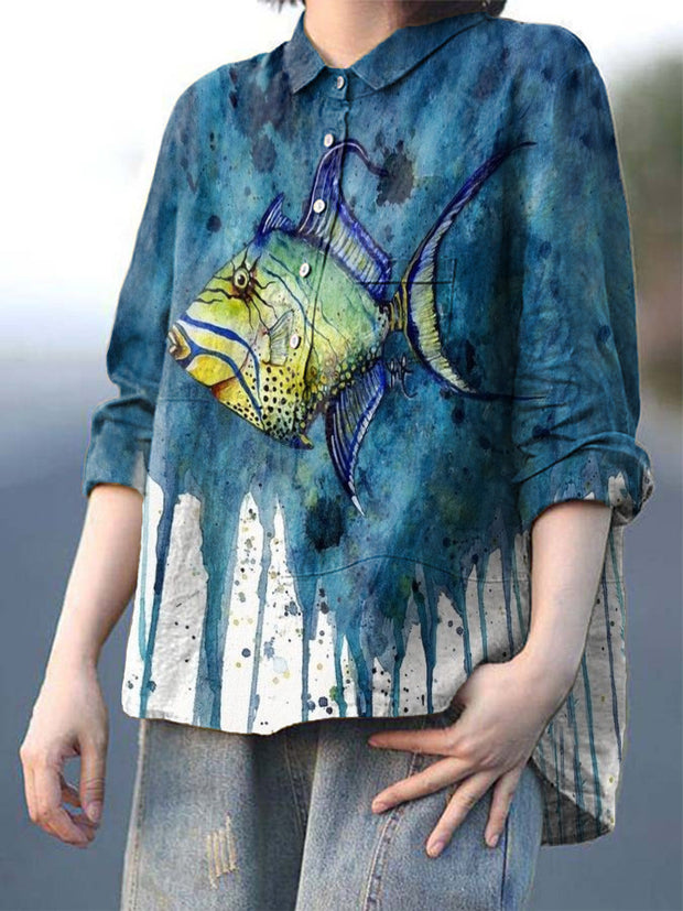 Women's Fish Art Print Casual Cotton And Linen Shirt