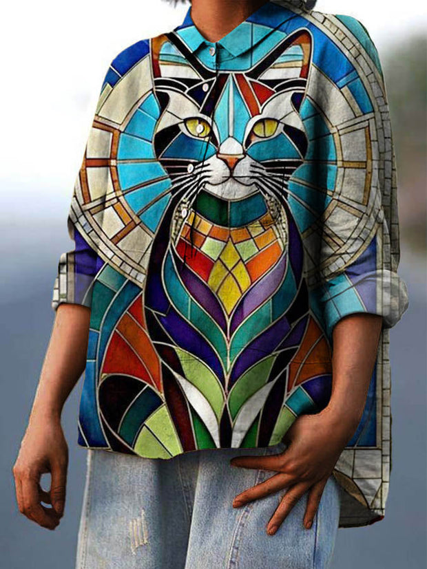 Women's Cat Colorblock Print Casual Cotton And Linen Shirt