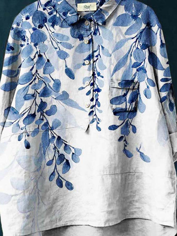 Women's Floral Gradient Print Casual Cotton And Linen Shirt