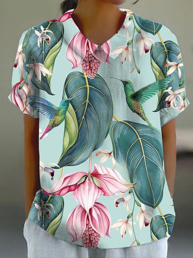 Women's Flowers and Birds Floral Print Casual Cotton And Linen Shirt