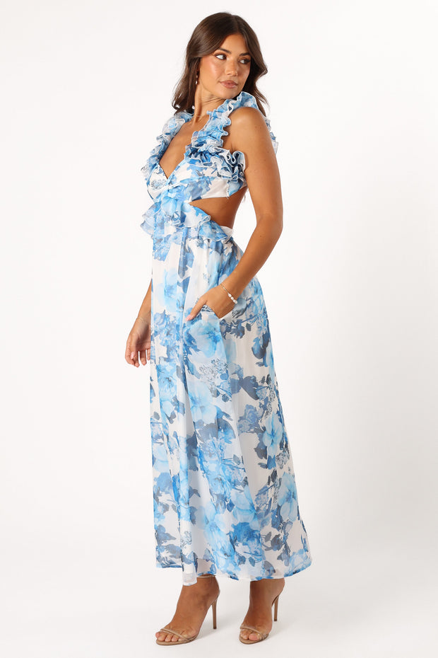 Lucah Frill Shoulder Maxi Dress - Blue White Floral