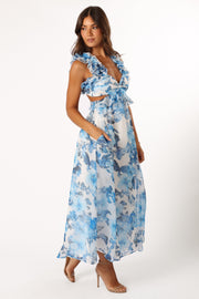 Lucah Frill Shoulder Maxi Dress - Blue White Floral