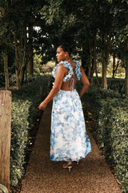 Lucah Frill Shoulder Maxi Dress - Blue White Floral