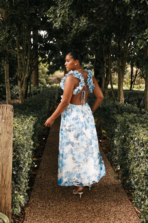 Lucah Frill Shoulder Maxi Dress - Blue White Floral