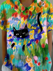 Women's Oil Painting Flower Cat Print Casual Cotton And Linen Shirt