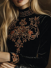 Elegant Turtle Neck Embroidery Velvet Long Sleeves Top