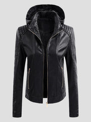 Stylish Warm Lined Detachable Hood Pockets Leather Jacket