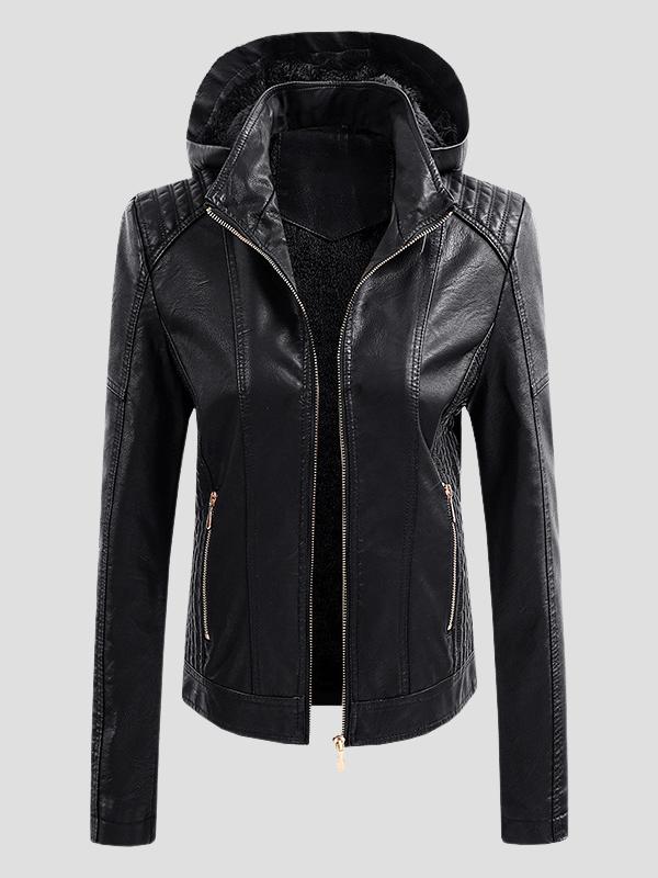Stylish Warm Lined Detachable Hood Pockets Leather Jacket