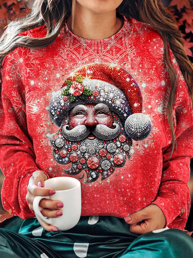 Women's Sparkling Santa Print Round Neck Long Sleeve Top