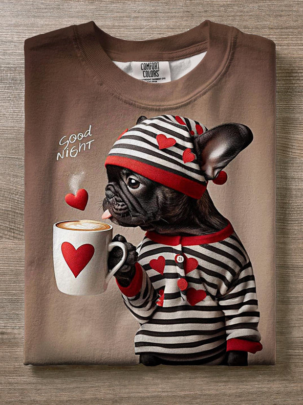 Cute Valentine's Day Coffee Pajamas Puppy Print Crew Neck T-shirt