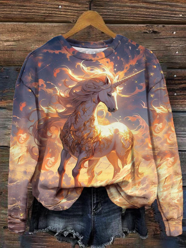 Women's Unicorn Horse Starlight Print Casual Long Sleeve Top