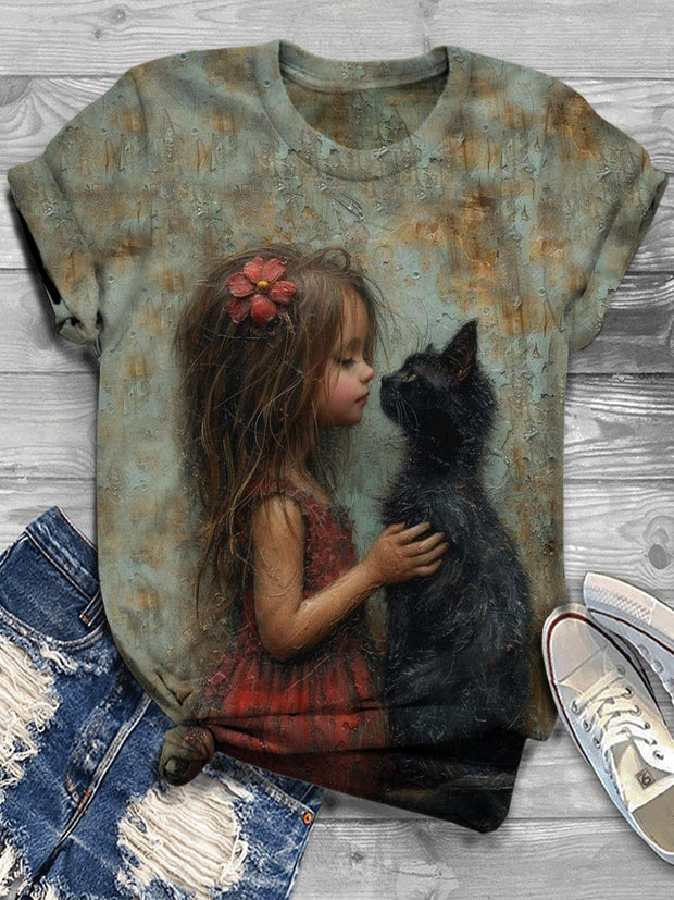 Women's Cute Girls Cat Vintage Print Casual T-shirt