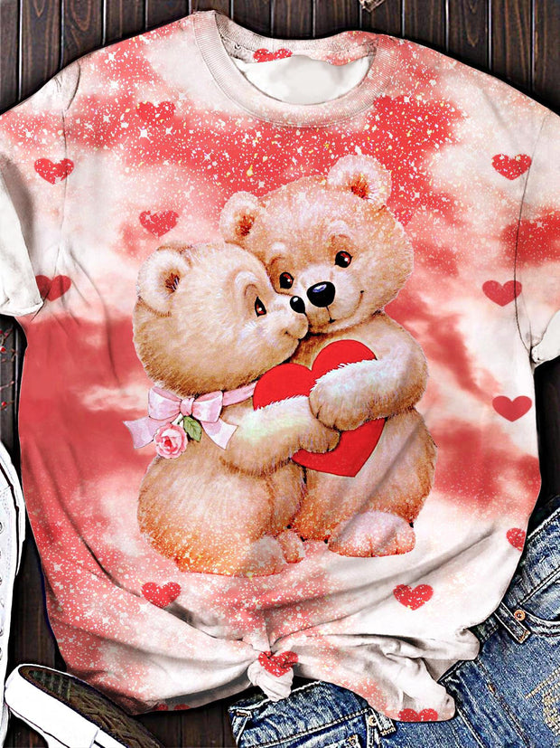 Women's Valentine's Day Hug Bear Print Crew Neck T-shirt