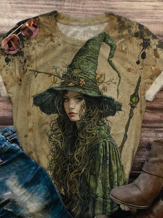 Women's Halloween Sexy Witch Retro Print Casual Round Neck T-Shirt