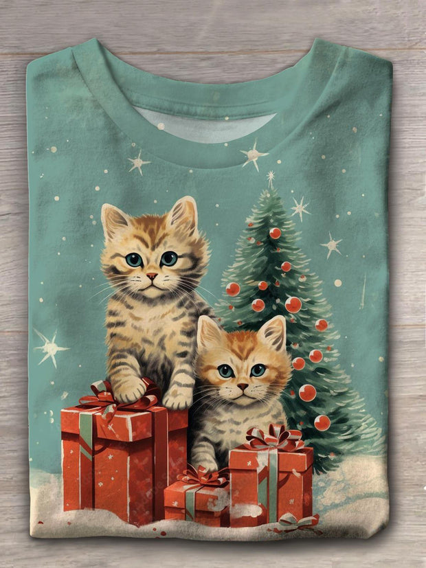 Christmas Cat Gift Christmas Tree Retro Print T-shirt