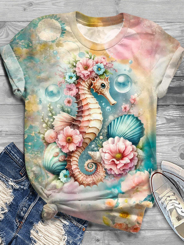 Floral Seahorse Print Crew Neck T-shirt