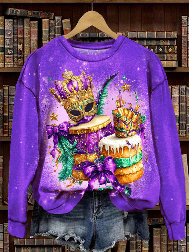 Mardi Gras Holiday Party Mask Celebration Gift Bow Print Long Sleeve Top