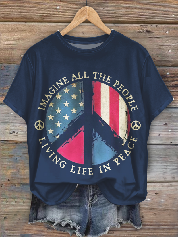 Vintage Hippie Love Peace USA Flag Art Crew Neck T-shirt