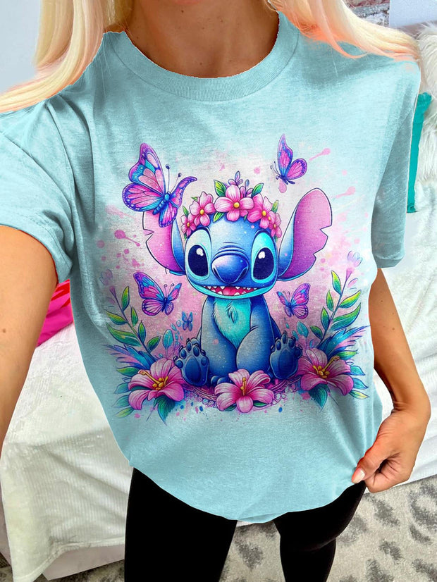 Animated Magic Stitch Floral Crew Neck T-shirt