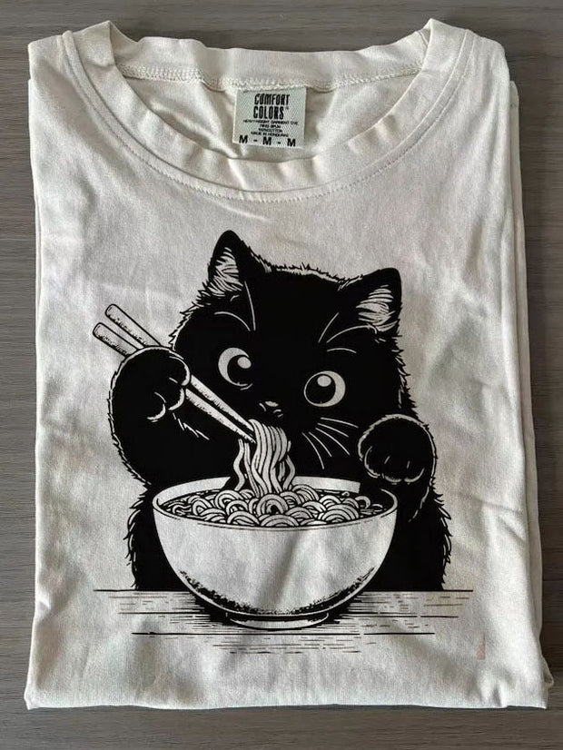 Cat Eating Noodles Crew Neck T-shirts