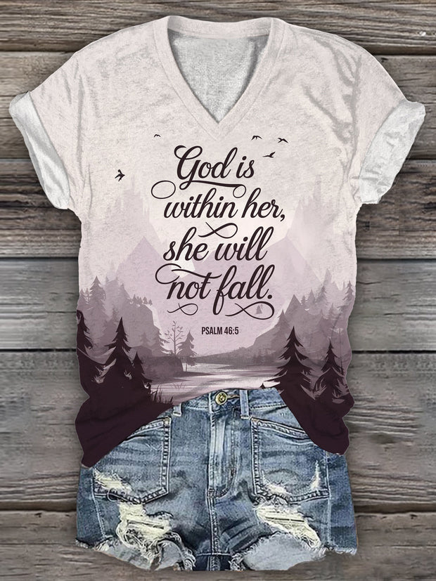 God Is Within Her She Will Not Fall V-Neck T-Shirt