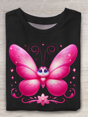 Cute Cartoon Butterfly Print Crew Neck T-shirt